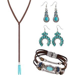 4 PCS Western Turquoise Set Necklace, Dangle Earrings, Stackable Bracelet Boho